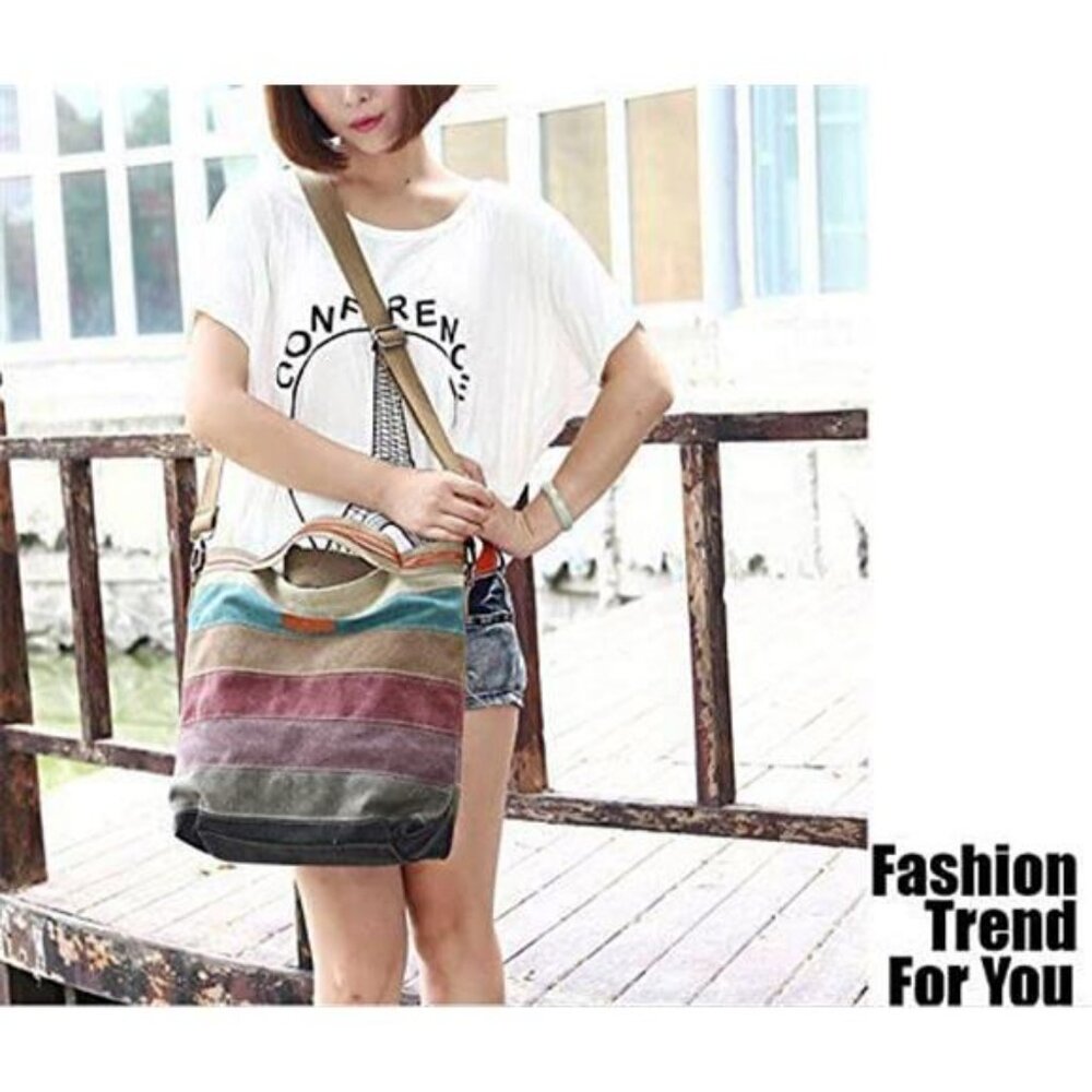 Canvas Handbag Multi-Color Striped Lattice Cross Body Shoulder Purse Bag - Picture 7 of 7